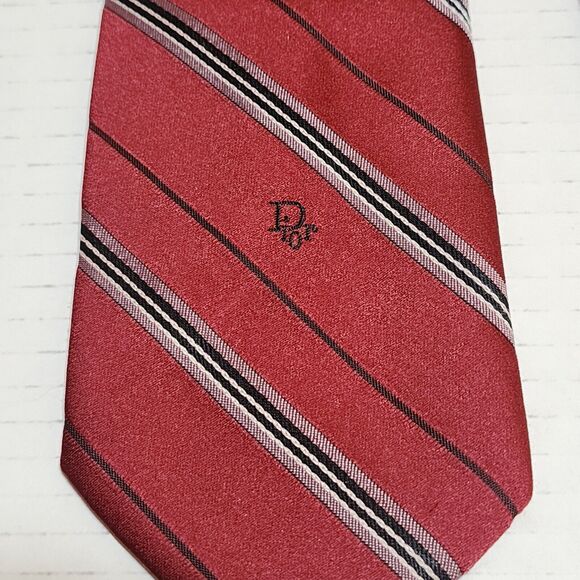 Vintage Christian Dior Mens Tie Stripes 3"x55" Red Grey Logo USA Italy - Picture 3 of 7